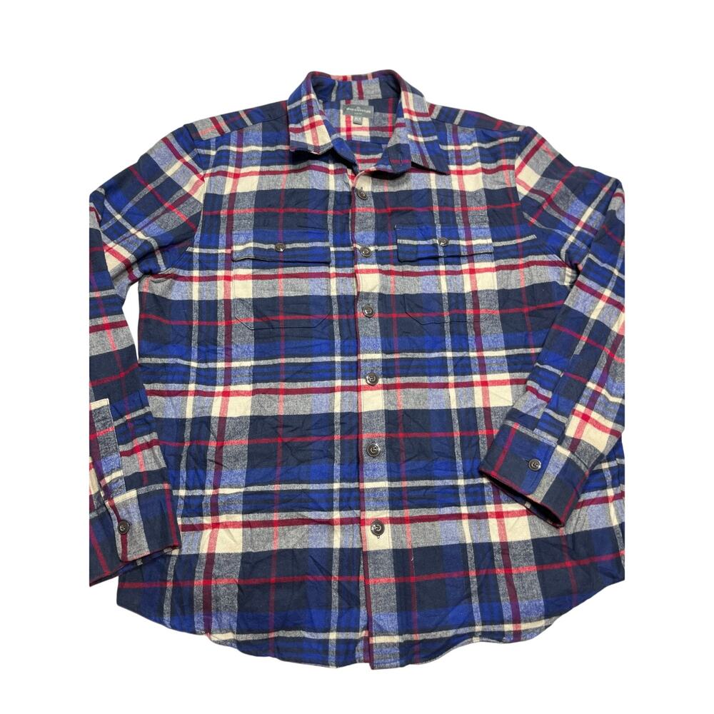 LL Bean Signature XL Slim Fit Flannel Shirt Blue Red Plaid Soft 100% Cotton